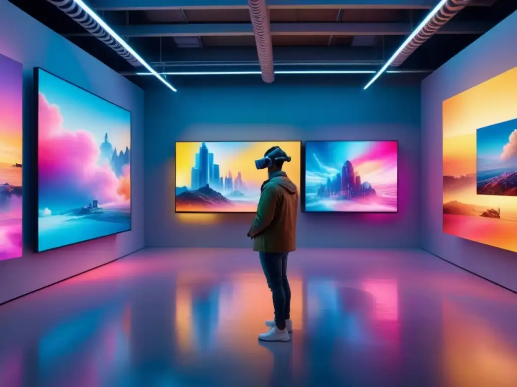 Una galería de arte futurista con exposiciones de arte digital vibrante y tecnología de vanguardia