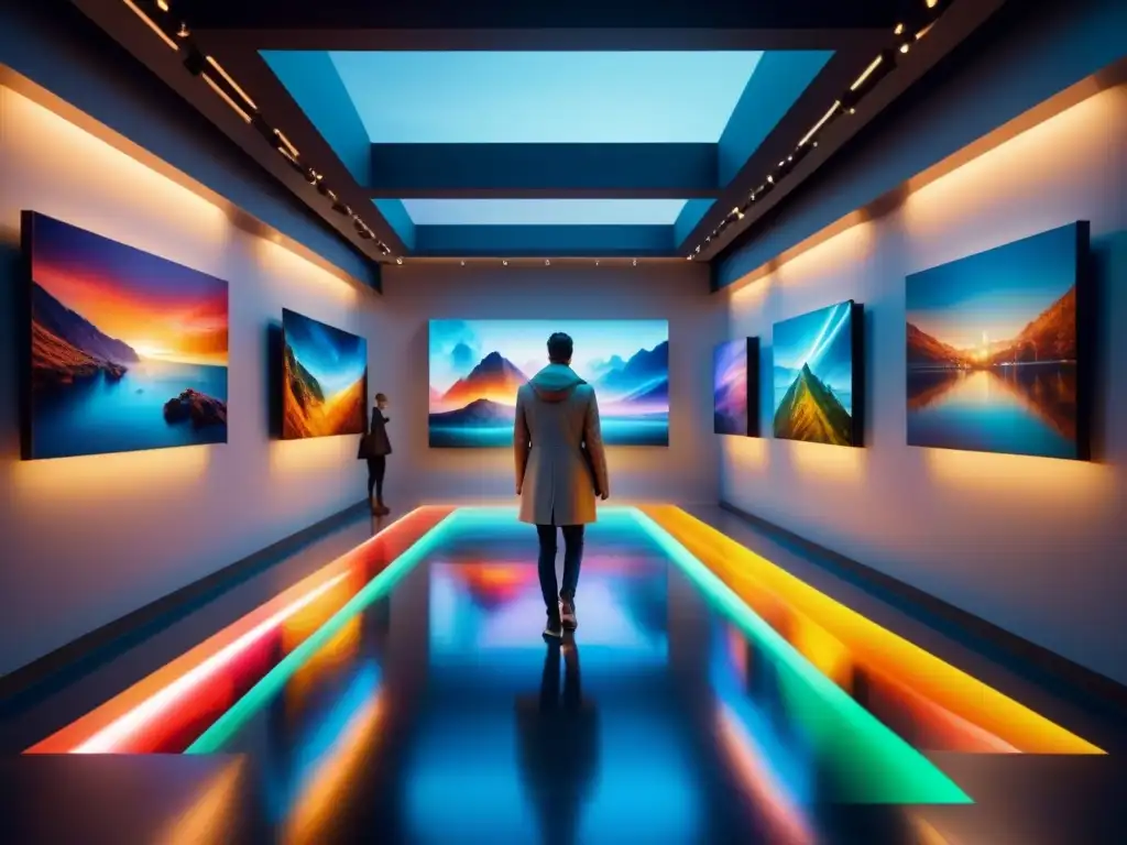 Una galería de arte futurista con hologramas de arte visual con realidad aumentada