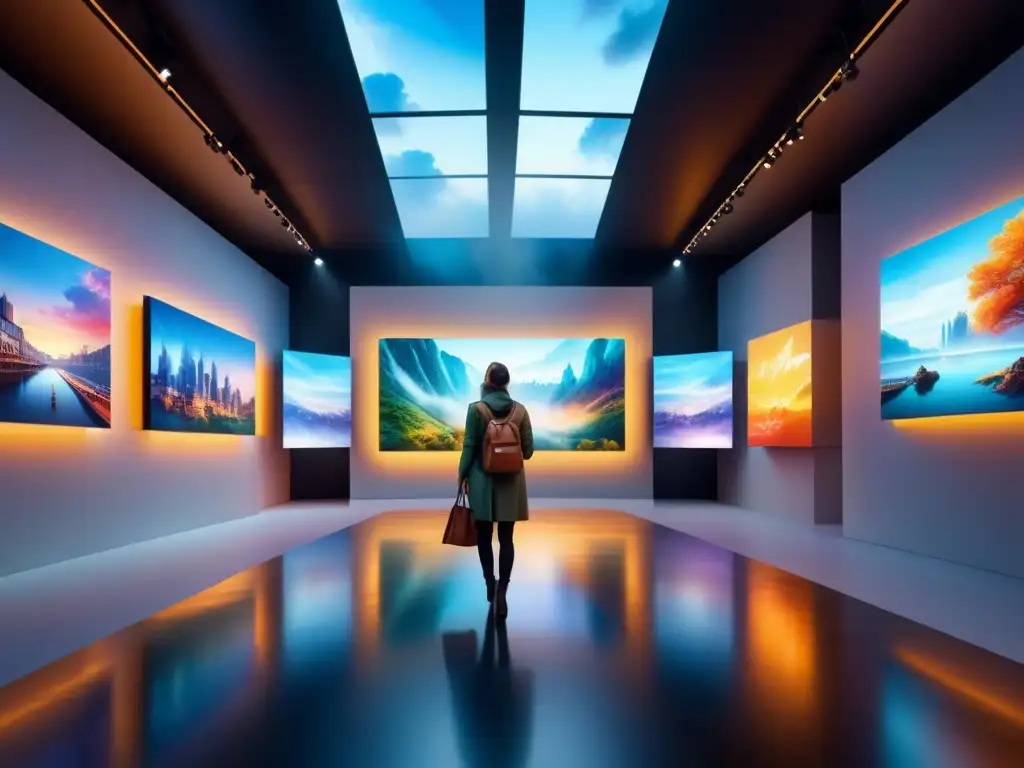 Una galería de arte futurista con impacto de nuevas tecnologías en el arte visual