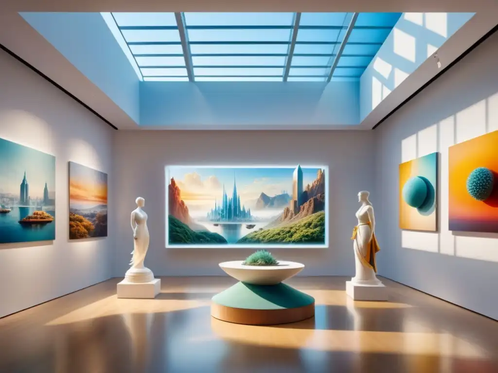 Una galería de arte futurista con impresionantes esculturas e instalaciones de impresión 3D