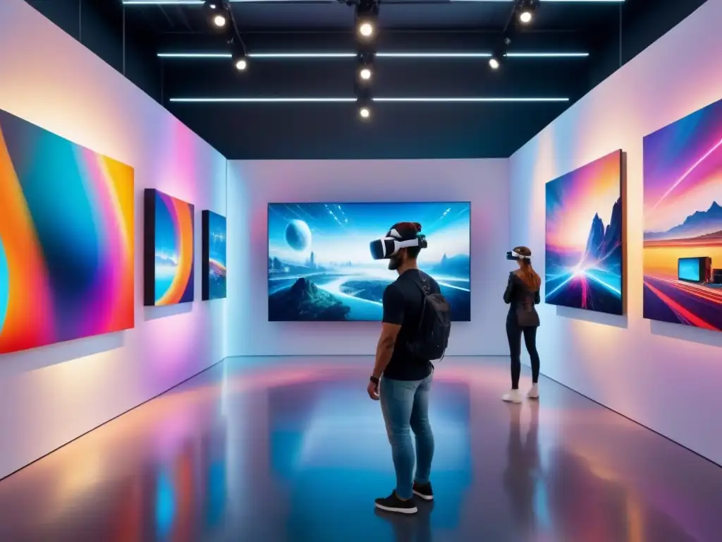 Una galería de arte futurista con instalaciones de realidad virtual inmersiva y arte abstracto vibrante