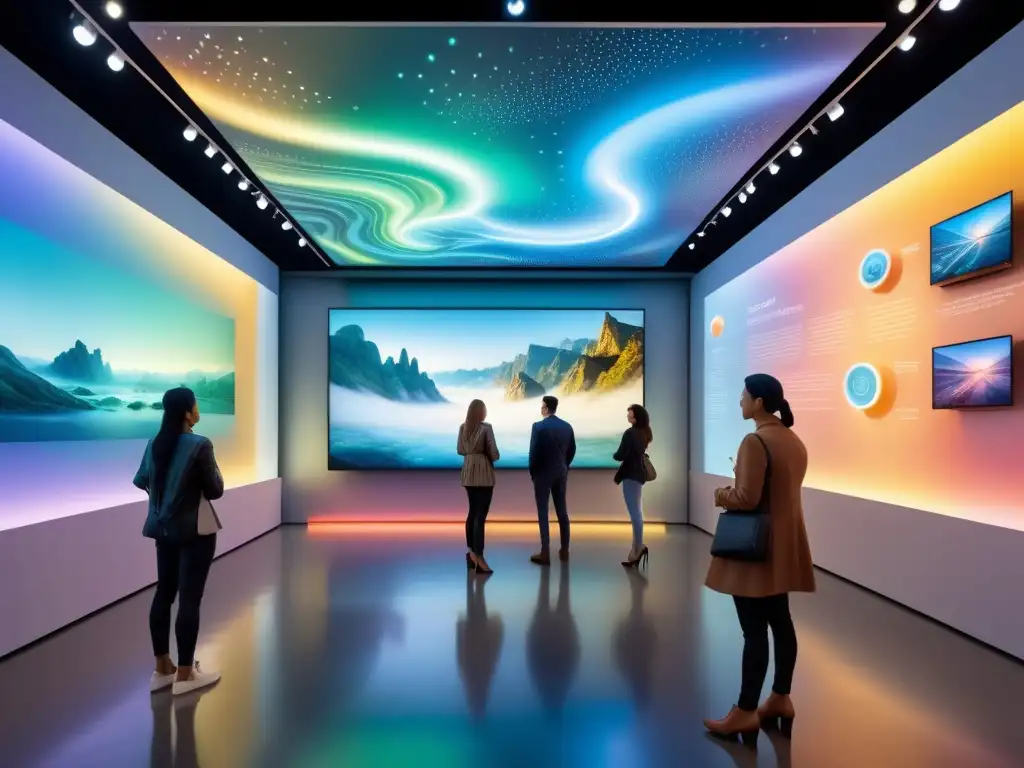 Galaxia Creativa: galería futurista de arte científico interactivo Una galería de arte futurista con instalaciones interactivas de ciencia, iluminación colorida y visitantes fascinados