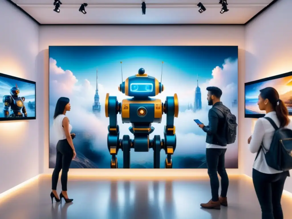 Una galería de arte futurista con instalaciones AI, robots y arte generado por algoritmos, en iluminación etérea