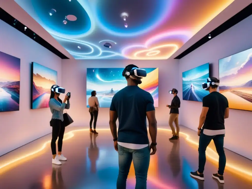 Una galería de arte futurista con instalaciones de realidad virtual vibrantes y envolventes