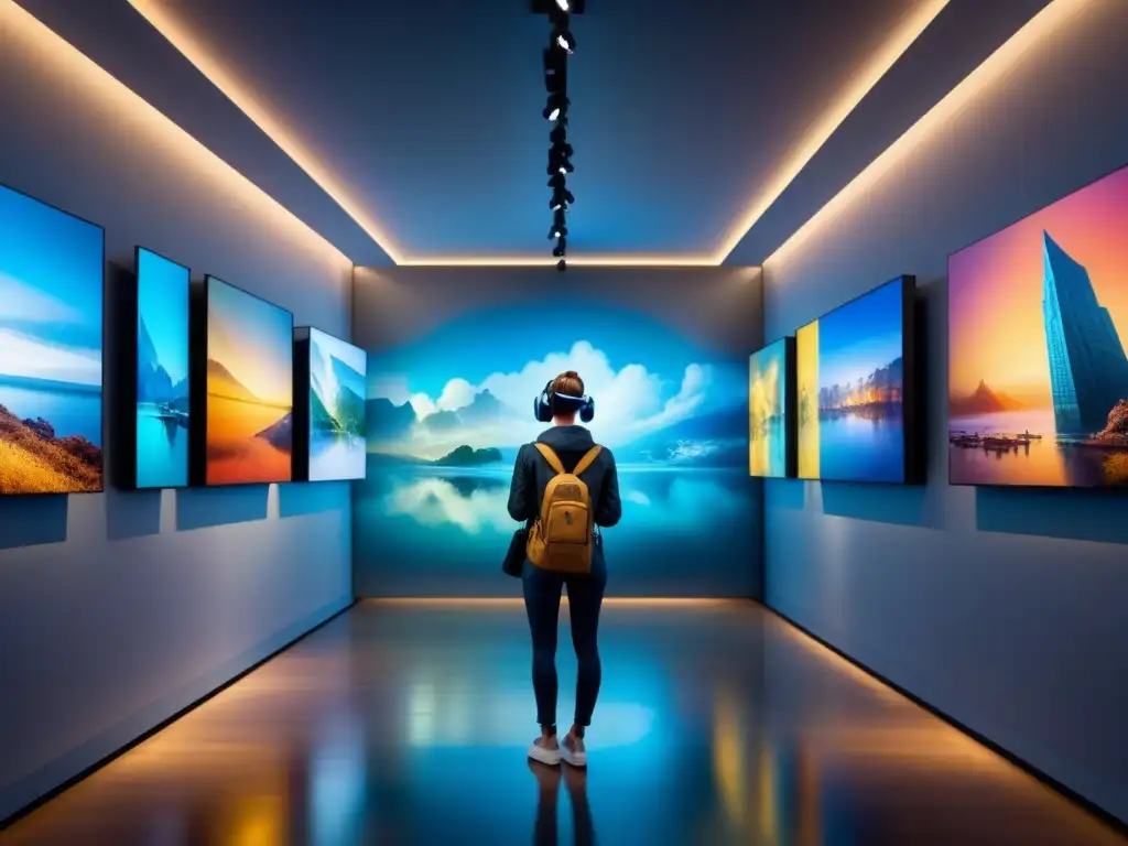 Una galería de arte futurista con instalaciones digitales interactivas, colores vibrantes y elementos de realidad virtual