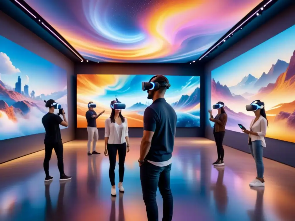 Una galería de arte futurista con instalaciones de Realidad Virtual arte visual inmersivo