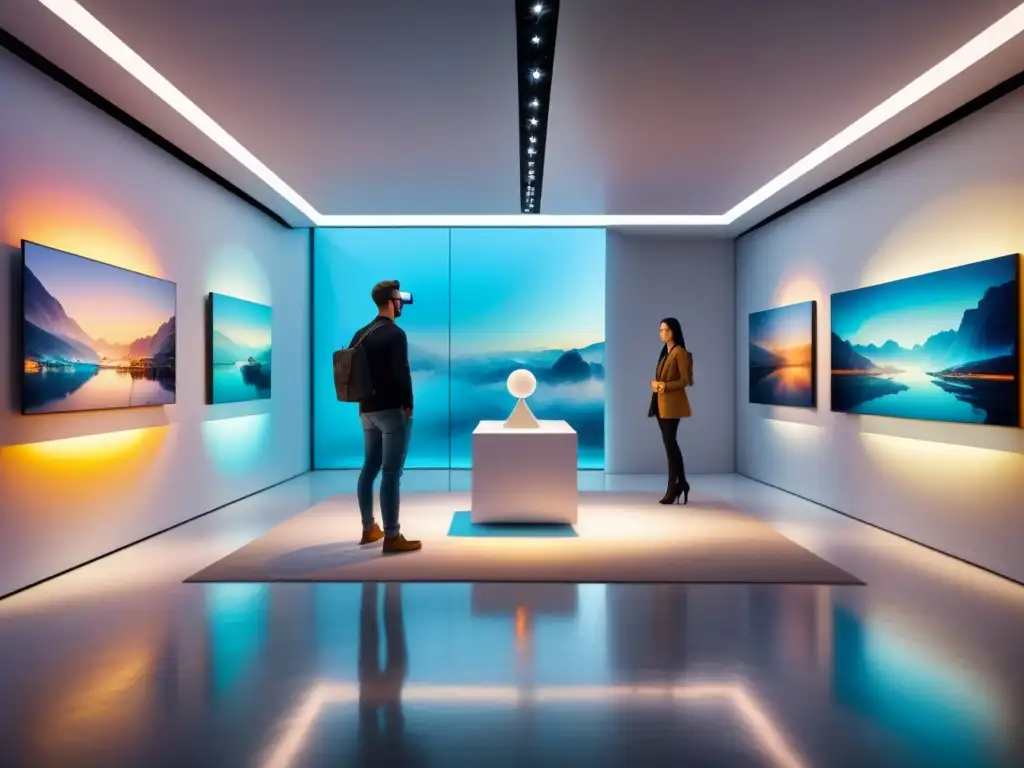 Una galería de arte futurista con instalaciones virtuales, fusionando arte y tecnología en Realidad Aumentada en arte visual