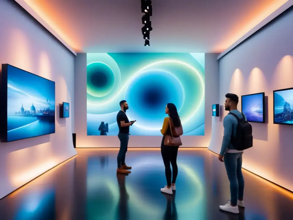 Una galería de arte futurista con instalaciones de arte sonoro interactivo