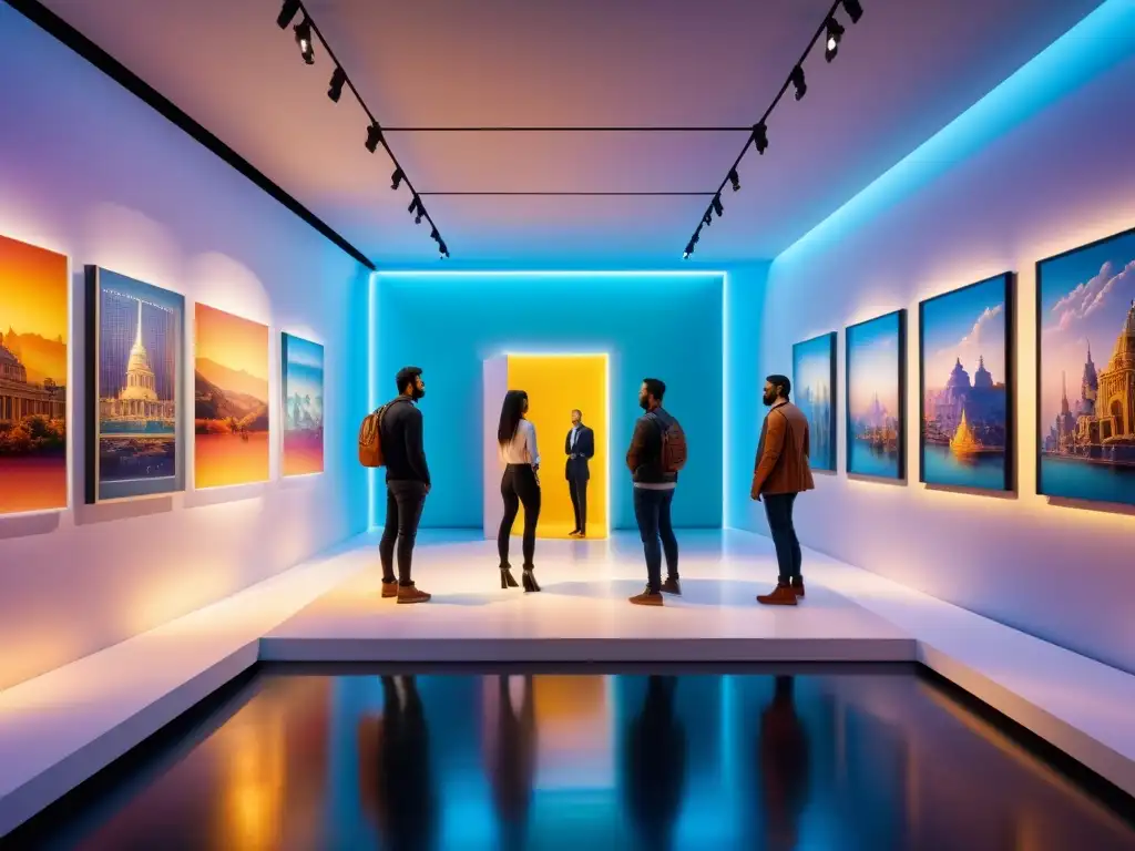 Una galería de arte futurista llena de esculturas impresión 3D, iluminada con colores suaves y gente maravillada