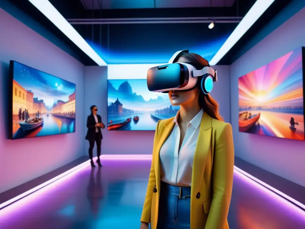 Una galería de arte futurista llena de instalaciones de realidad virtual, fusionando tecnología y arte en un ambiente cautivador