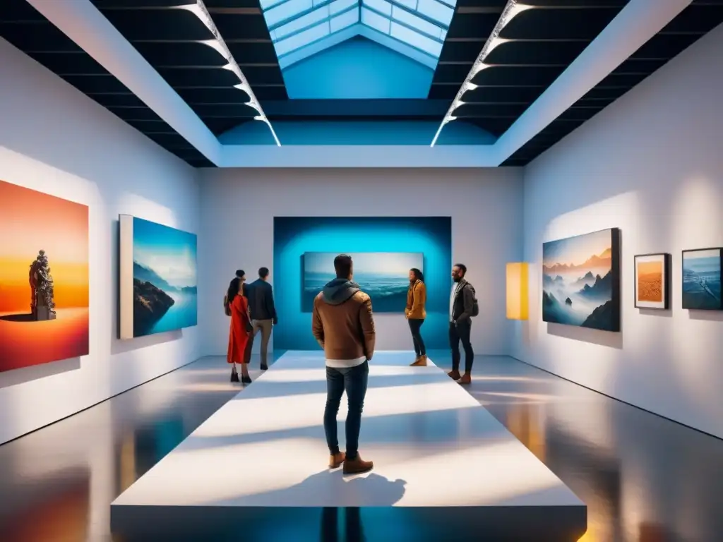 Galatea futurista: arte en 3D y digital en galería iluminada Una galería de arte futurista llena de esculturas 3D y arte digital, fusionando técnicas de impresión 3D con artistas visuales admirando las obras