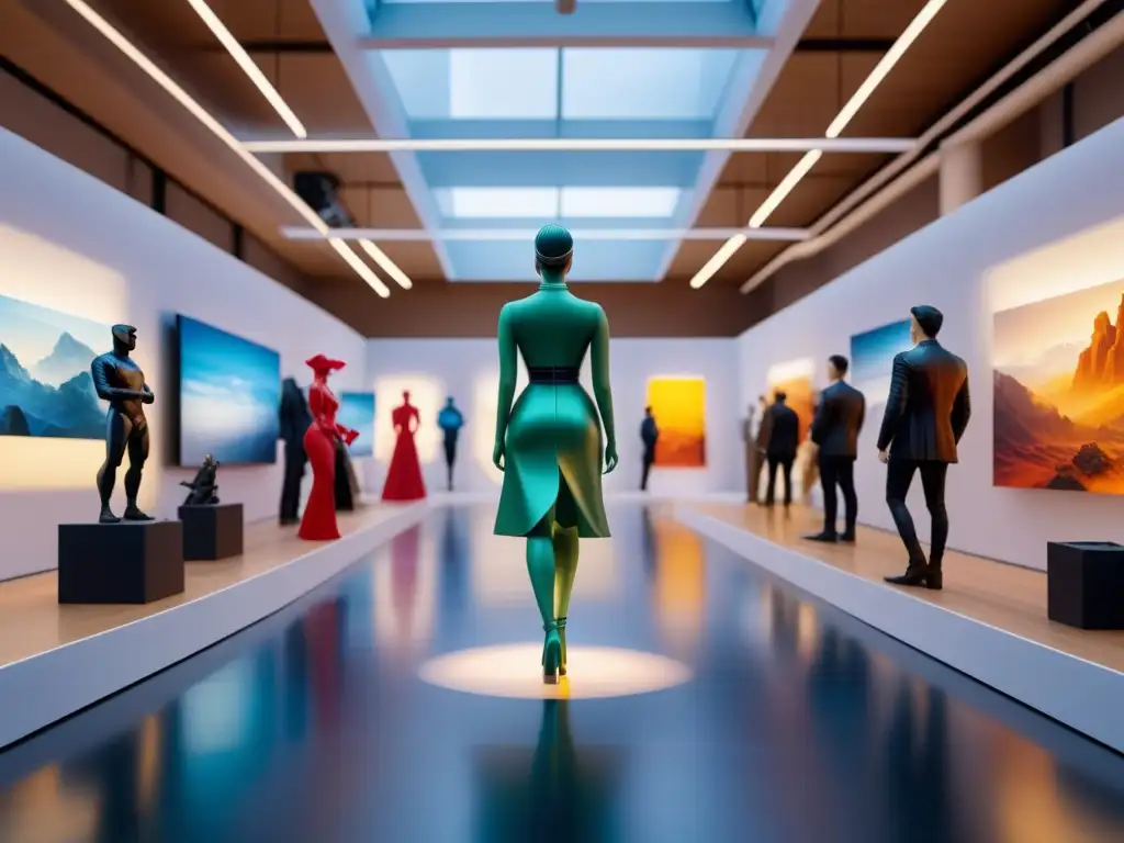 Una galería de arte futurista llena de esculturas e instalaciones impresas en 3D