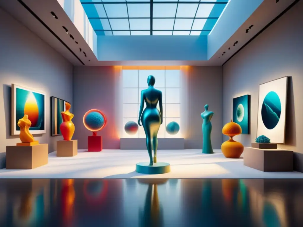Galaxia de arte: galería futurista con esculturas y pinturas 3D Una galería de arte futurista llena de esculturas y pinturas coloridas creadas con impresión 3D en arte visual