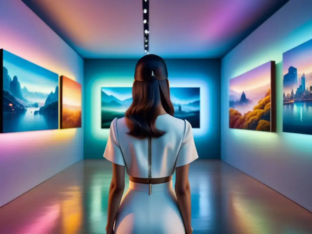 Una galería de arte futurista llena de instalaciones digitales vibrantes, que desafían la realidad