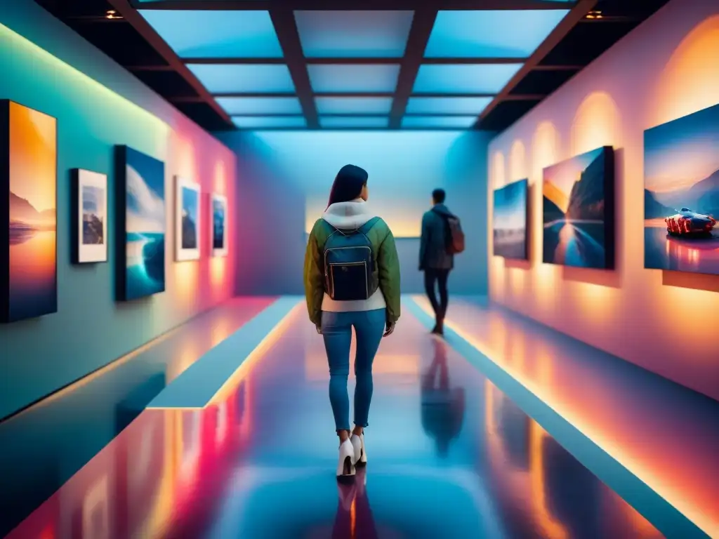 Una galería de arte futurista llena de instalaciones virtuales impresionantes