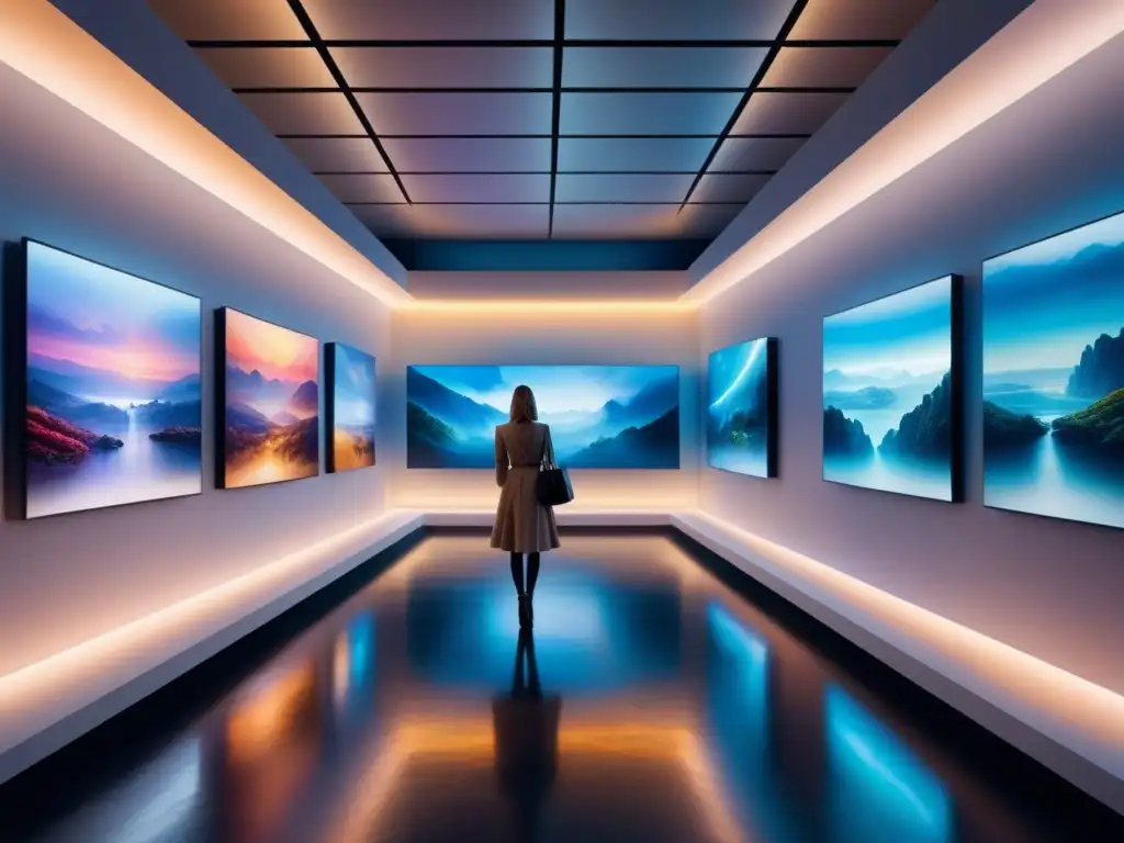 Una galería de arte futurista llena de instalaciones de arte digital vibrante y de gran tamaño, bañada en una suave luz etérea