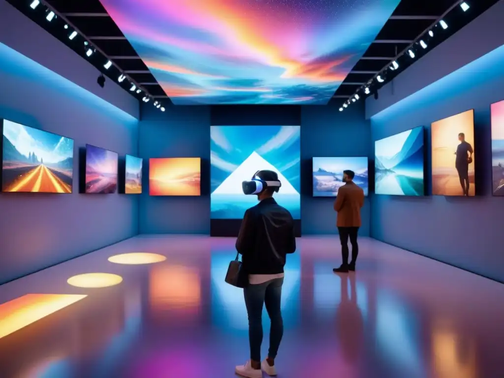 Una galería de arte futurista llena de instalaciones virtuales vibrantes e interactivas, iluminada por luces holográficas coloridas