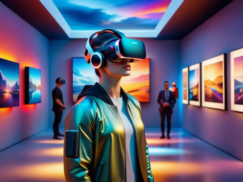 Una galería de arte futurista llena de obras de realidad virtual vibrantes y diversas, iluminada por luces suaves y coloridas