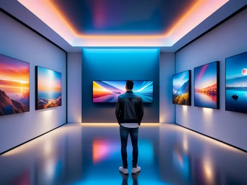 Una galería de arte futurista llena de coloridas instalaciones digitales interactivas