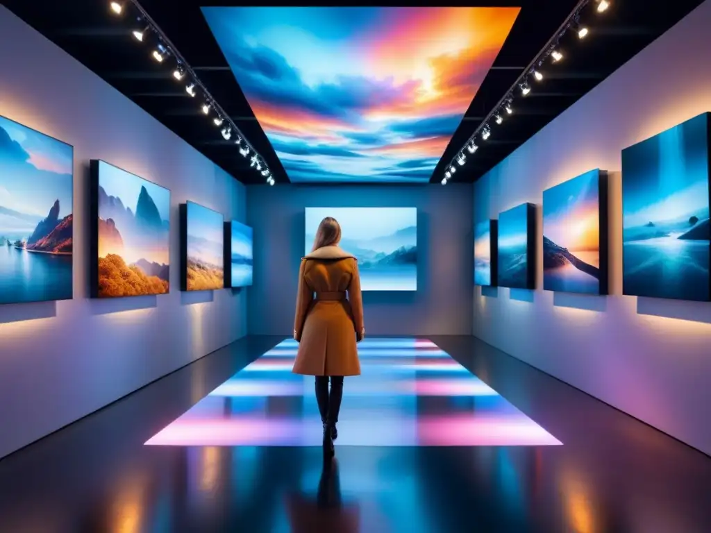 Una galería de arte futurista llena de instalaciones digitales inmersivas, en acuarela detallada