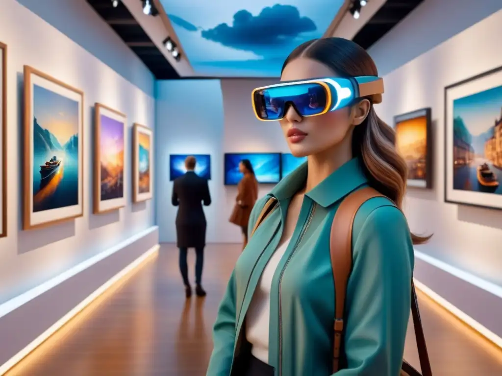 Una galería de arte futurista llena de obras vibrantes en Realidad Aumentada