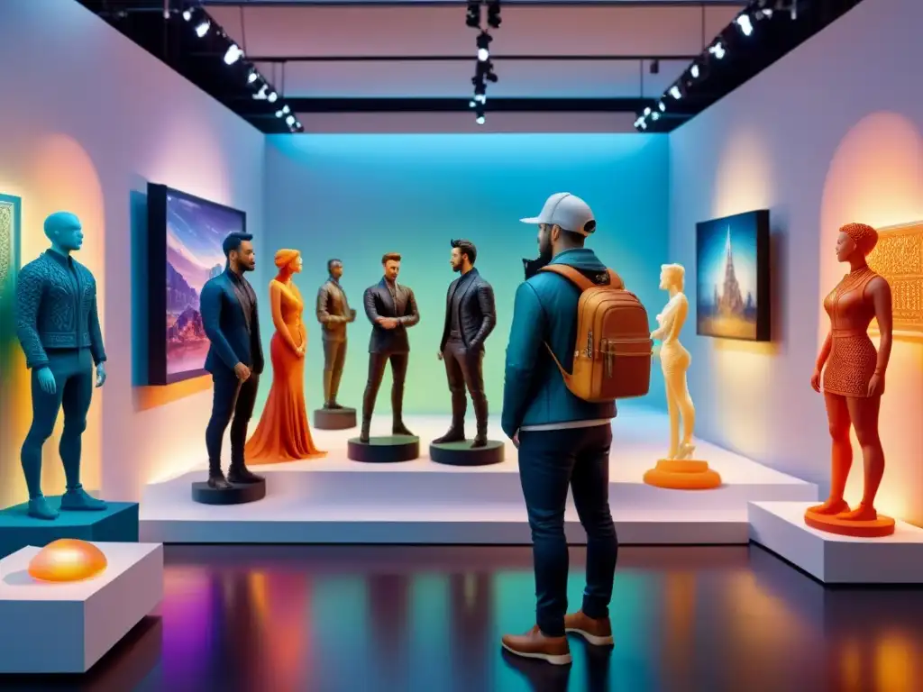 Una galería de arte futurista llena de esculturas 3D e instalaciones visuales digitales, fusionando impresión 3D en arte visual