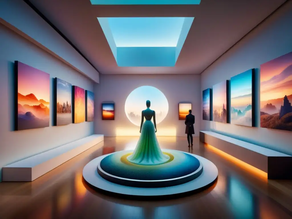 Una galería de arte futurista llena de esculturas e instalaciones 3D impresas, bañada en luz etérea