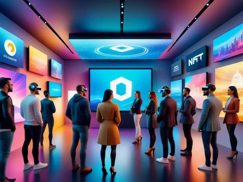 Galaxy NFT: Futuro arte digital en galería innovadora Una galería de arte futurista llena de NFT vibrantes, donde el comercio de arte, criptomonedas e innovación se entrelazan