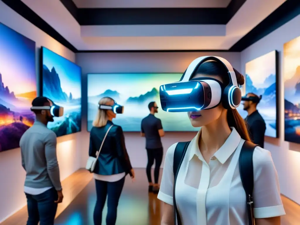 Una galería de arte futurista llena de visitantes con auriculares de realidad virtual, interactuando con instalaciones artísticas digitales