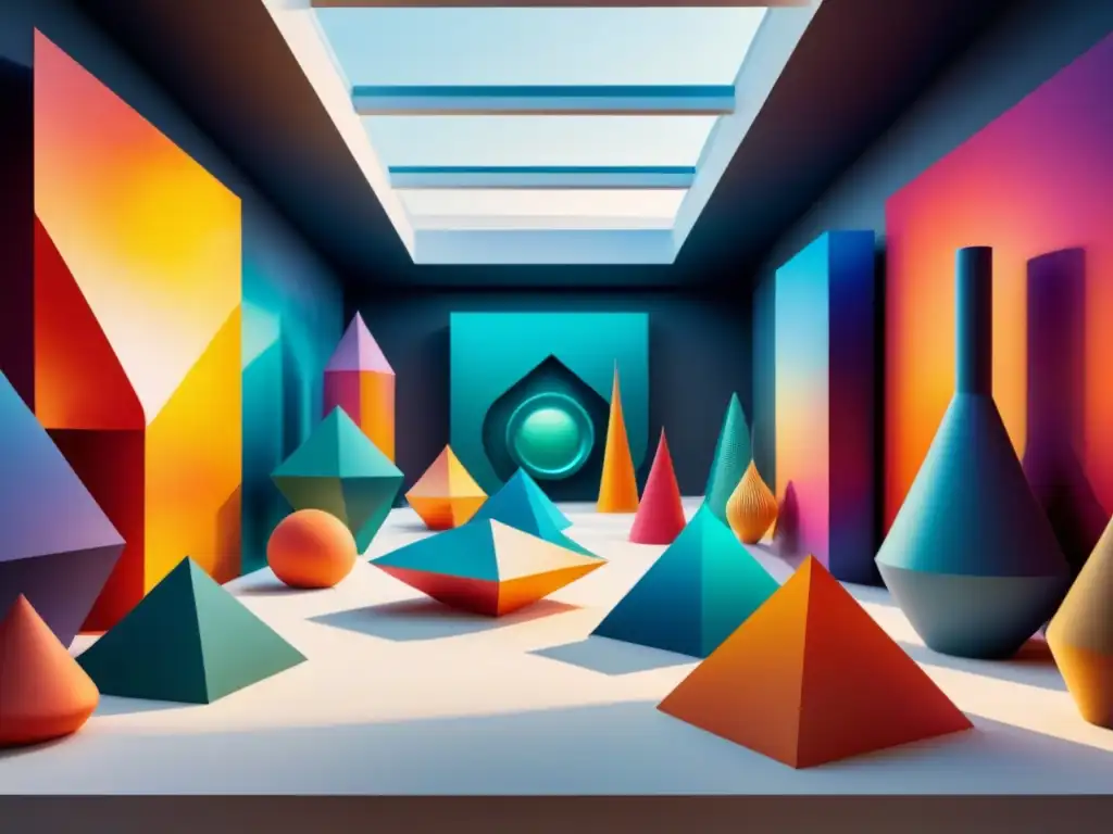 Una galería de arte futurista llena de esculturas 3D de formas abstractas y colores vibrantes, iluminada por luz natural