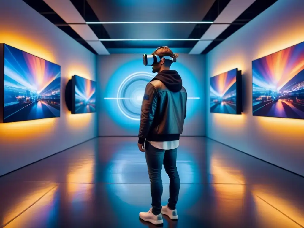 Una galería de arte futurista llena de instalaciones digitales interactivas, reflejos y visitantes con auriculares de realidad virtual