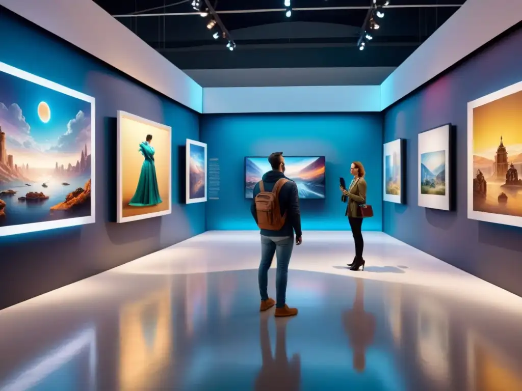 Una galería de arte futurista llena de exhibiciones de realidad aumentada, fusionando lo digital y lo real