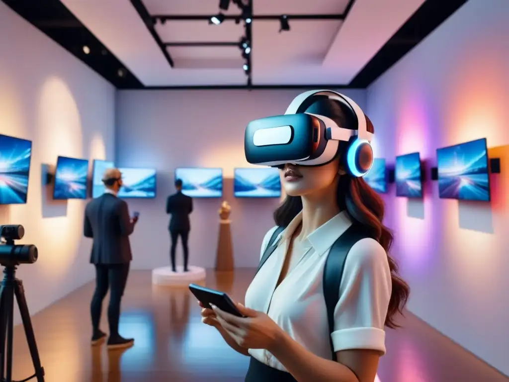 Una galería de arte futurista llena de obras de realidad virtual, iluminada suavemente