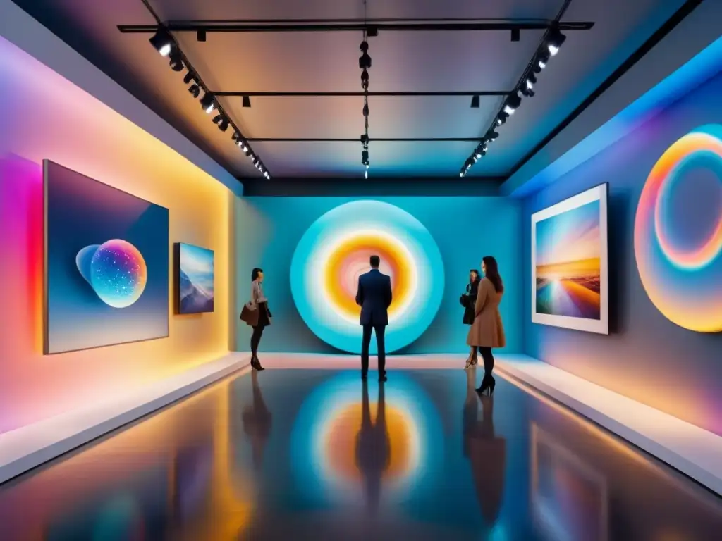 Una galería de arte futurista llena de esculturas abstractas en realidad virtual en exposiciones artísticas