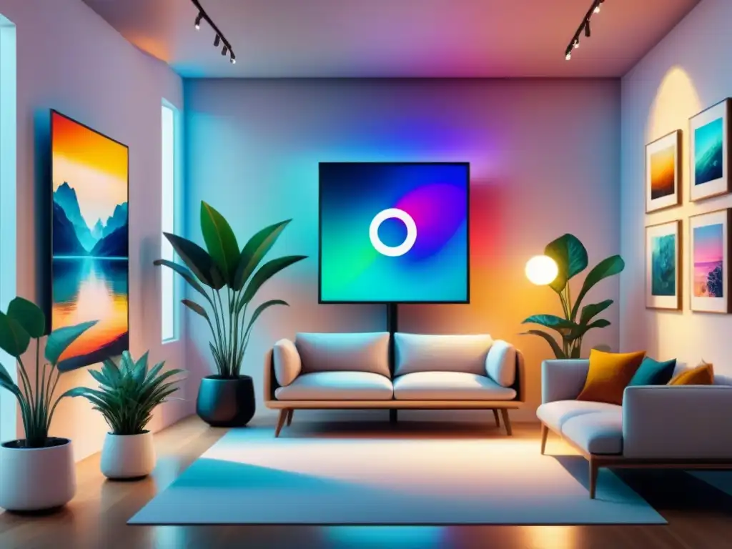 Galería de Arte Futurista con NFTs Vibrantes Una galería de arte futurista con NFT en pantallas digitales, fusionando arte tradicional y digital