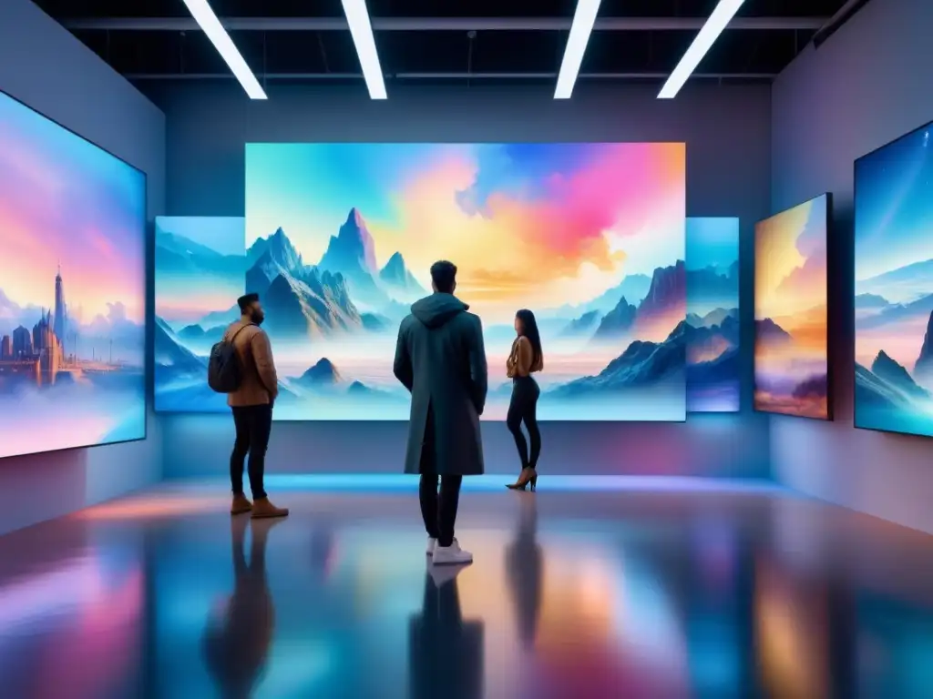 Una galería de arte futurista con obras digitales vibrantes en hologramas