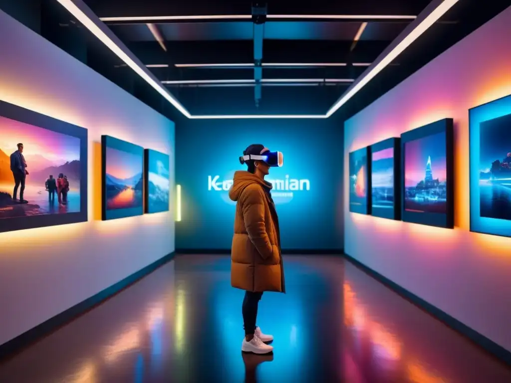 Una galería de arte futurista con obras de realidad aumentada vibrantes y tecnológicas