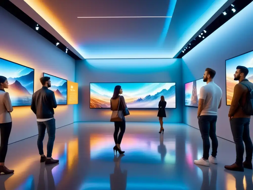 Una galería de arte futurista con obras digitales en hologramas, visitantes maravillados