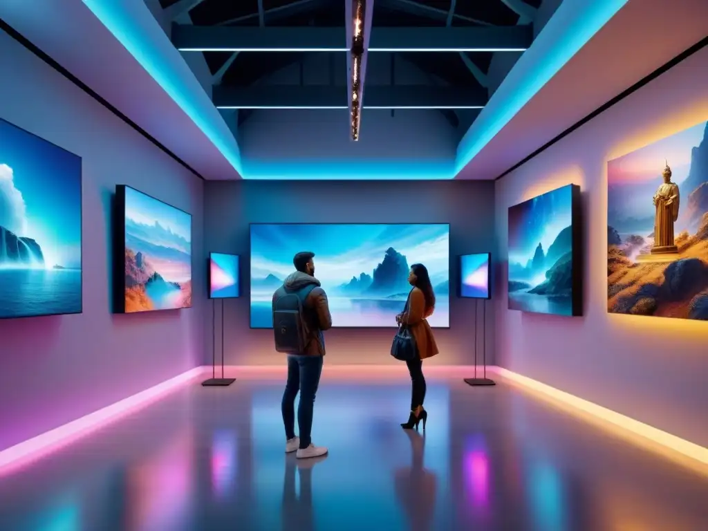 Una galería de arte futurista con obras vibrantes de arte digital y esculturas tradicionales, iluminada en colores suaves y envolventes