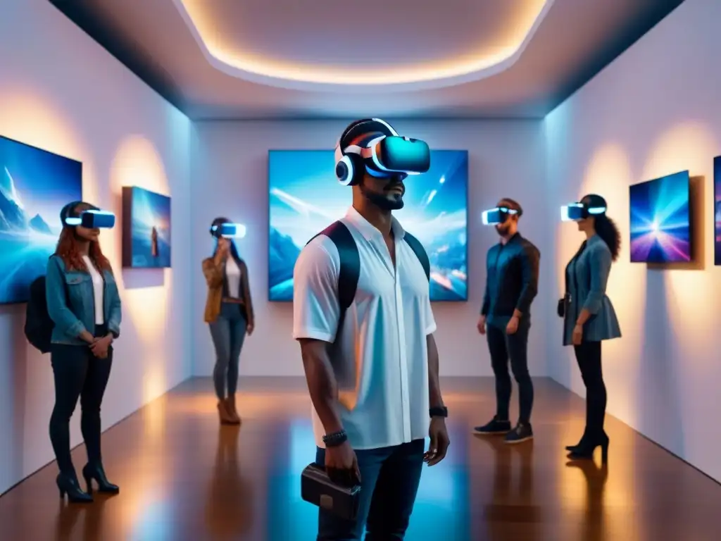 Una galería de arte futurista con obras holográficas y visitantes usando Realidad Virtual en arte visual