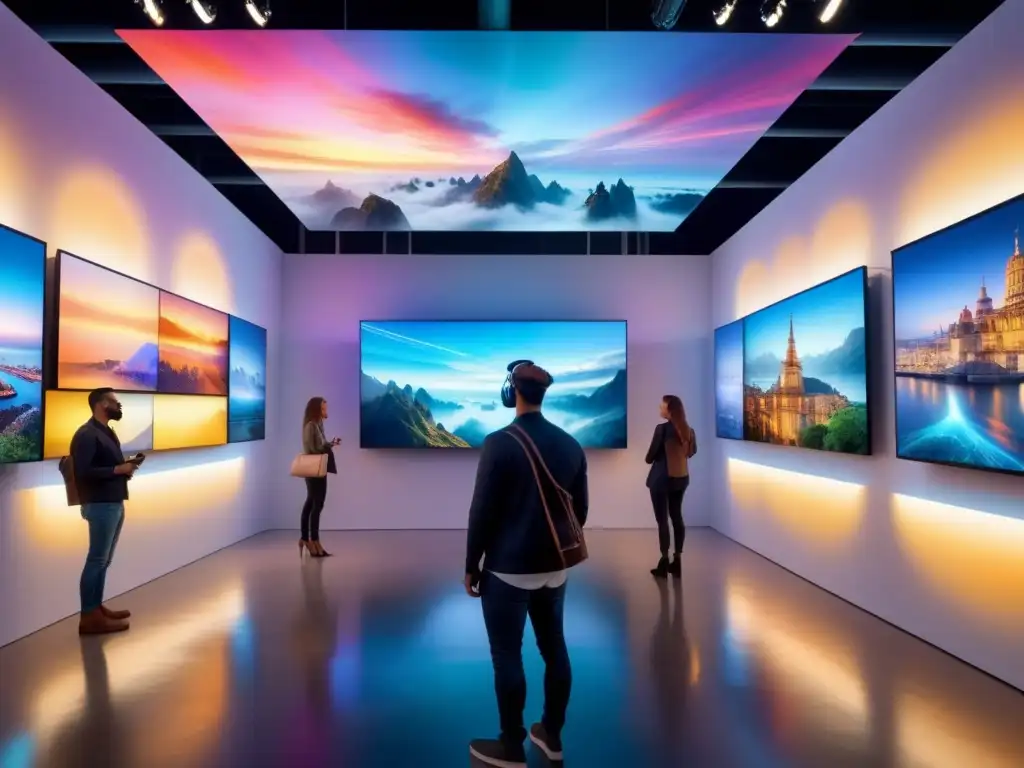 Una galería de arte futurista con obras digitales, instalaciones interactivas y experiencias de realidad virtual