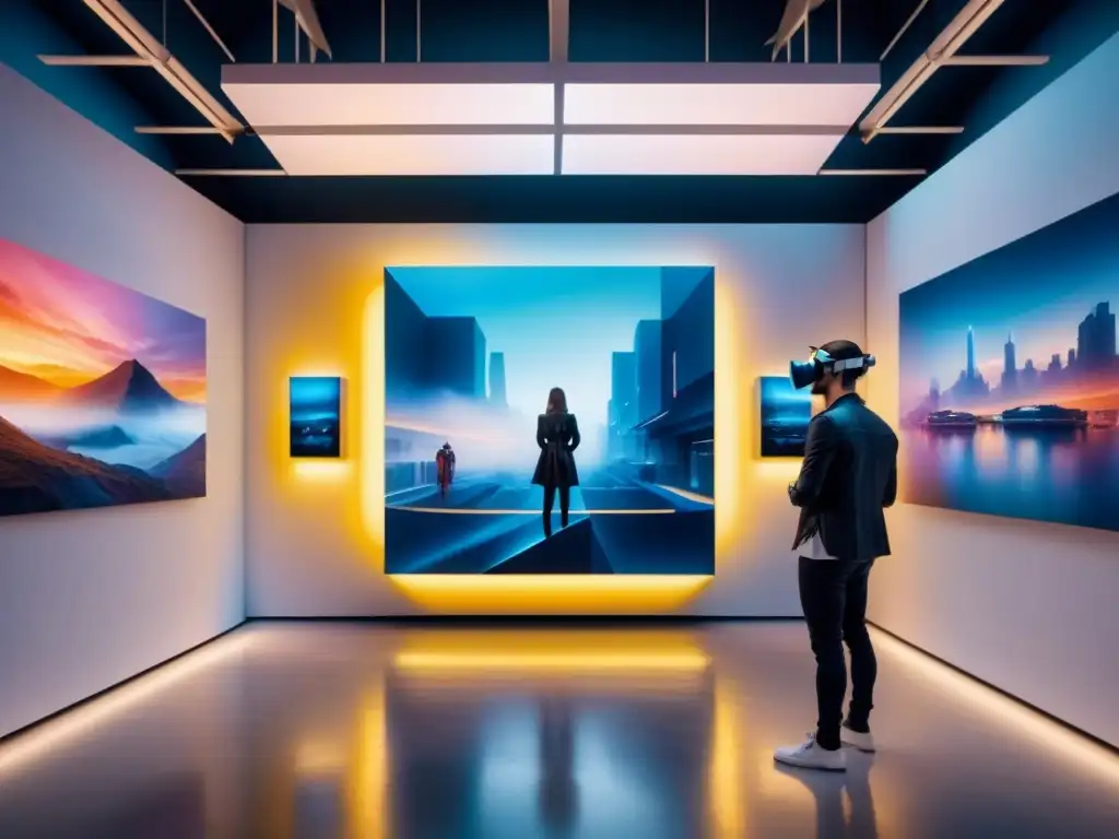 Una galería de arte futurista en realidad virtual con potencial creativo, colores vibrantes y patrones geométricos