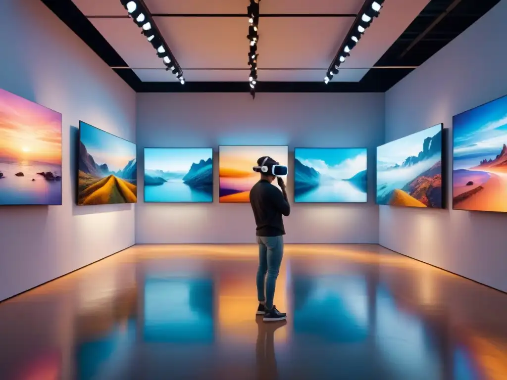 Una galería de arte futurista en realidad virtual, llena de instalaciones interactivas y abstractas