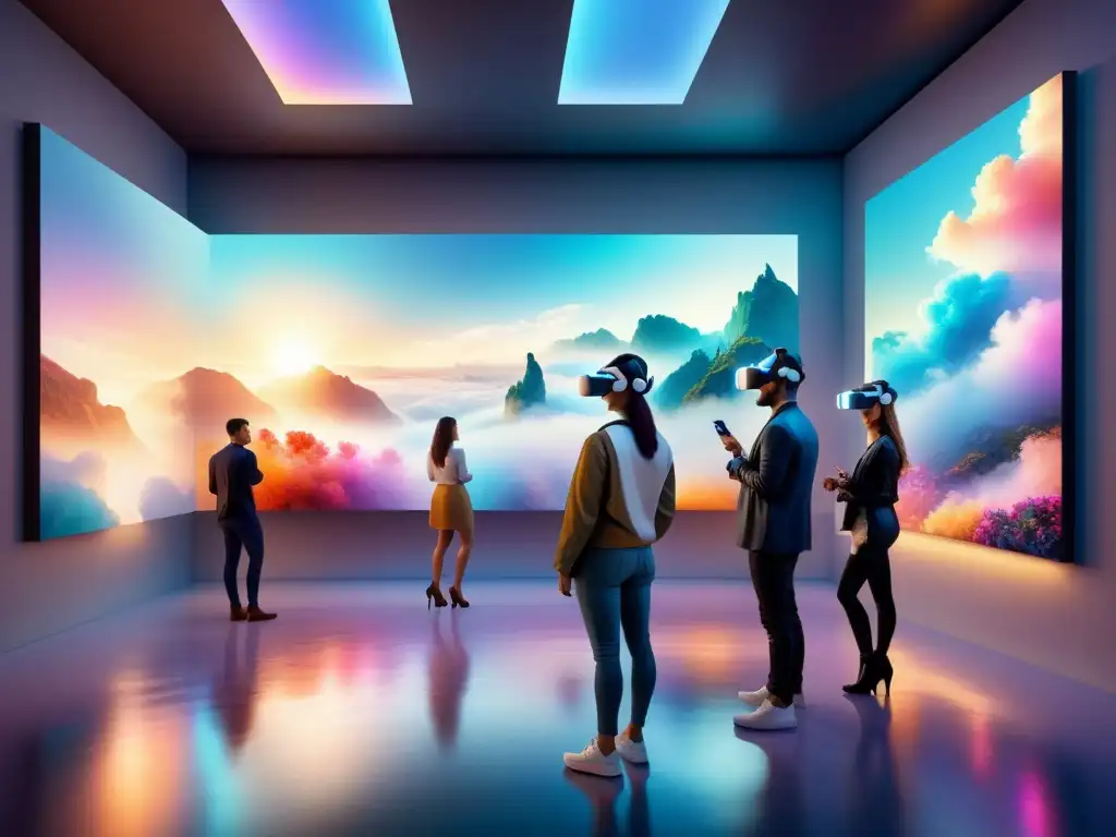 Una galería de arte futurista en realidad virtual con obras flotantes y luces etéreas