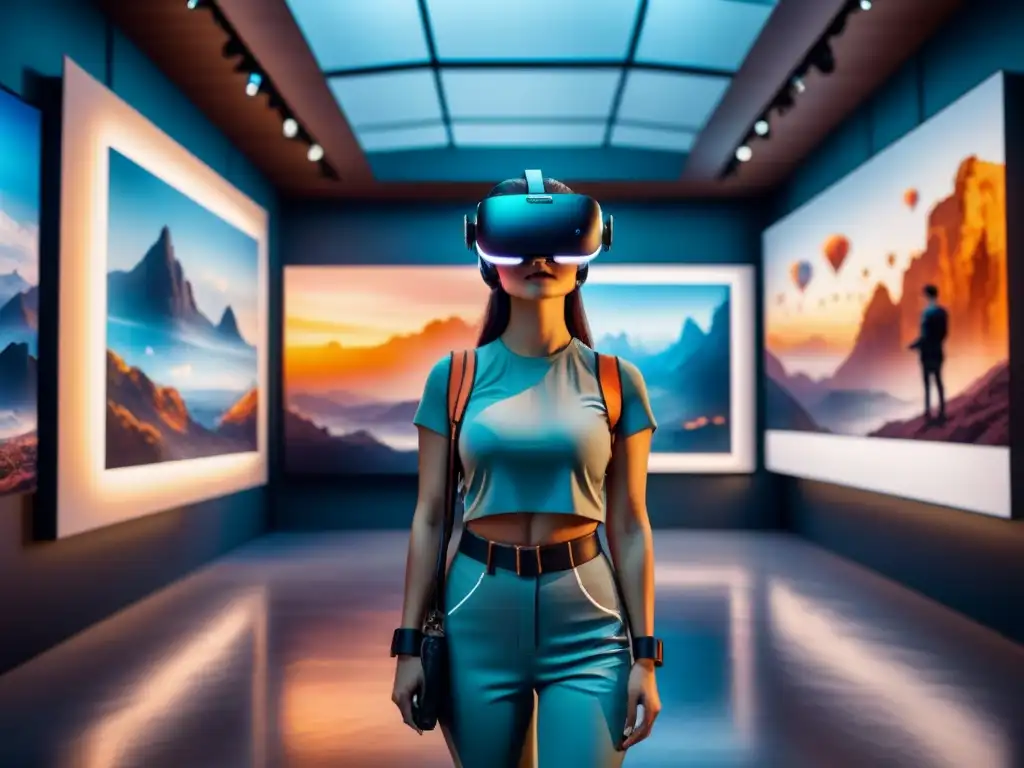 Una galería de arte futurista en realidad virtual con obras digitales vibrantes y visitantes interactuando con auriculares de VR