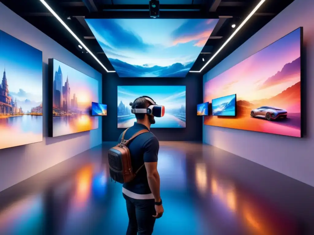 Una galería de arte futurista en realidad virtual con interacción artística y colores vibrantes