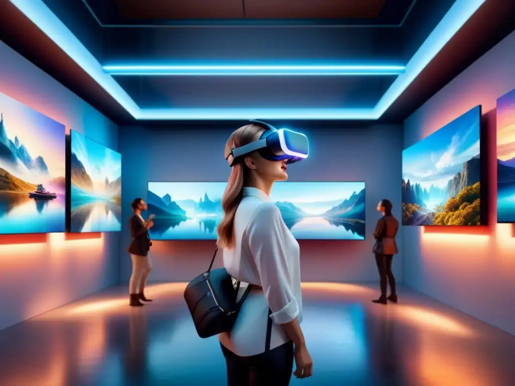 Una galería de arte futurista en realidad virtual llena de interactivas obras digitales