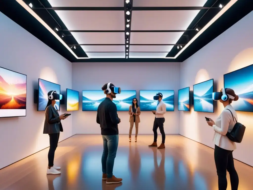 Una galería de arte futurista en Realidad Virtual con obras digitales flotantes y visitantes cautivados