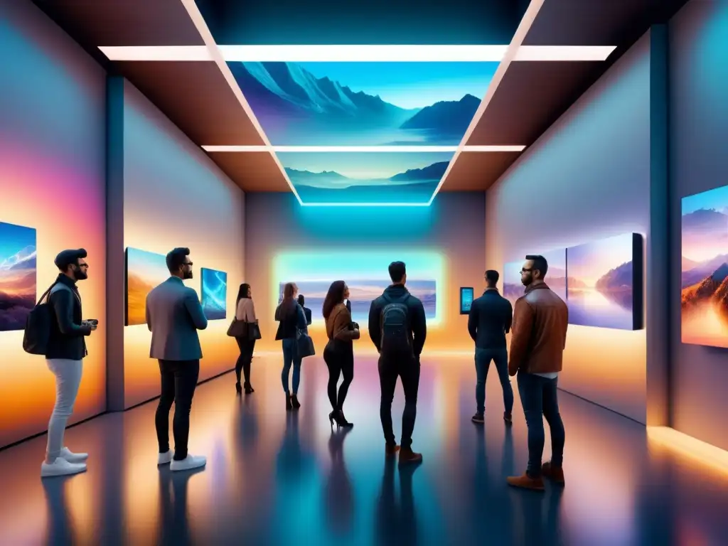 Una galería de arte futurista en Realidad Aumentada con obras holográficas y visitantes usando gafas AR