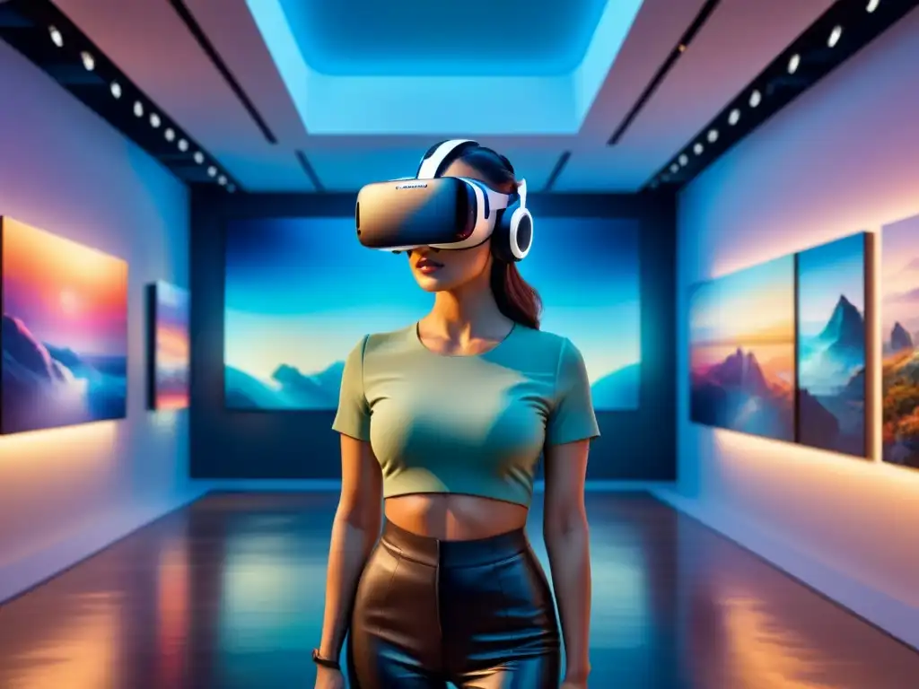 Una galería de arte futurista en realidad virtual, con obras vibrantes y surrealistas flotando en el espacio digital